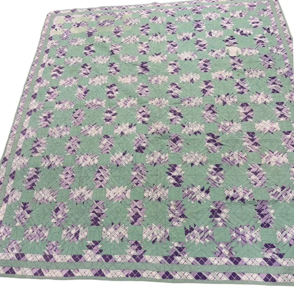 Vintage Hand Quilted Quilt Cutter Salvage Textile Feedsack Era Green Purple